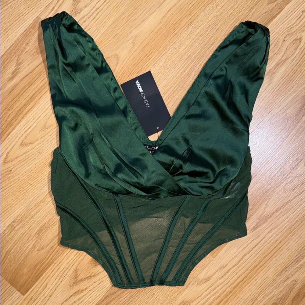 NWT Fashion Nova Green Satin Corset Crop Top Sheer Medium